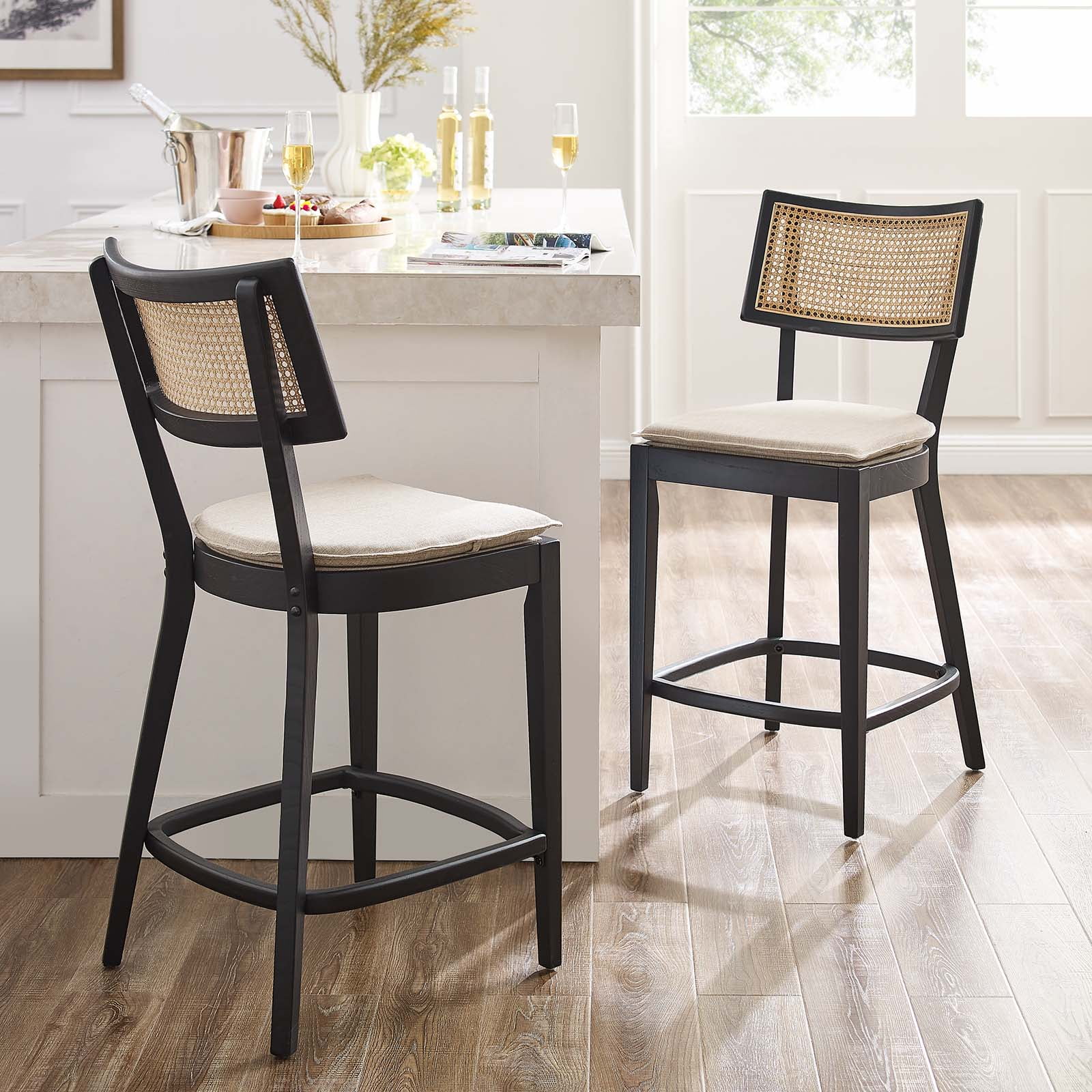 Caledonia Black and Beige Wood Counter Stools with Rattan Backrest