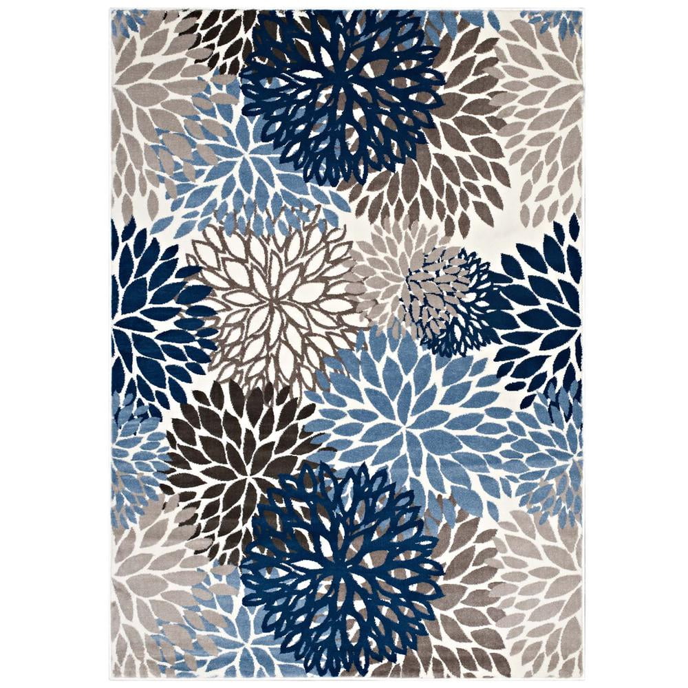 Blue and Beige Floral Synthetic 4' x 6' Area Rug