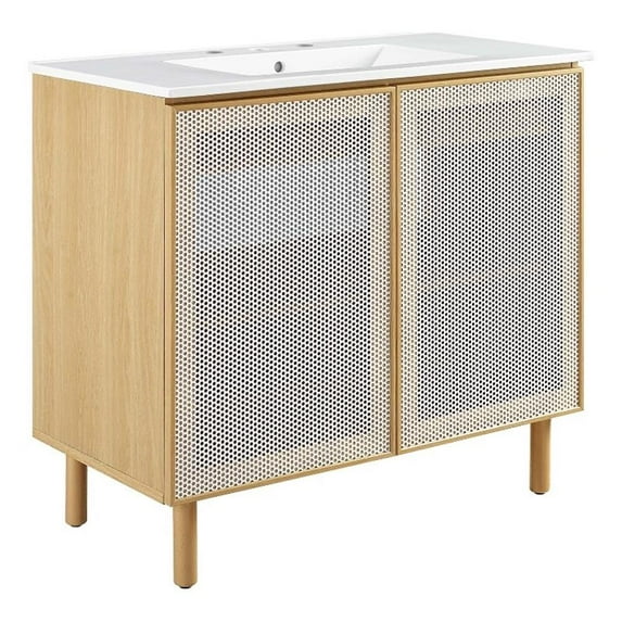 Calla 36" Perforated Metal Bathroom Vanity in White Oak