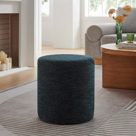 Callum 16" Round Woven Heathered Fabric Ottoman in Heathered Weave Azure