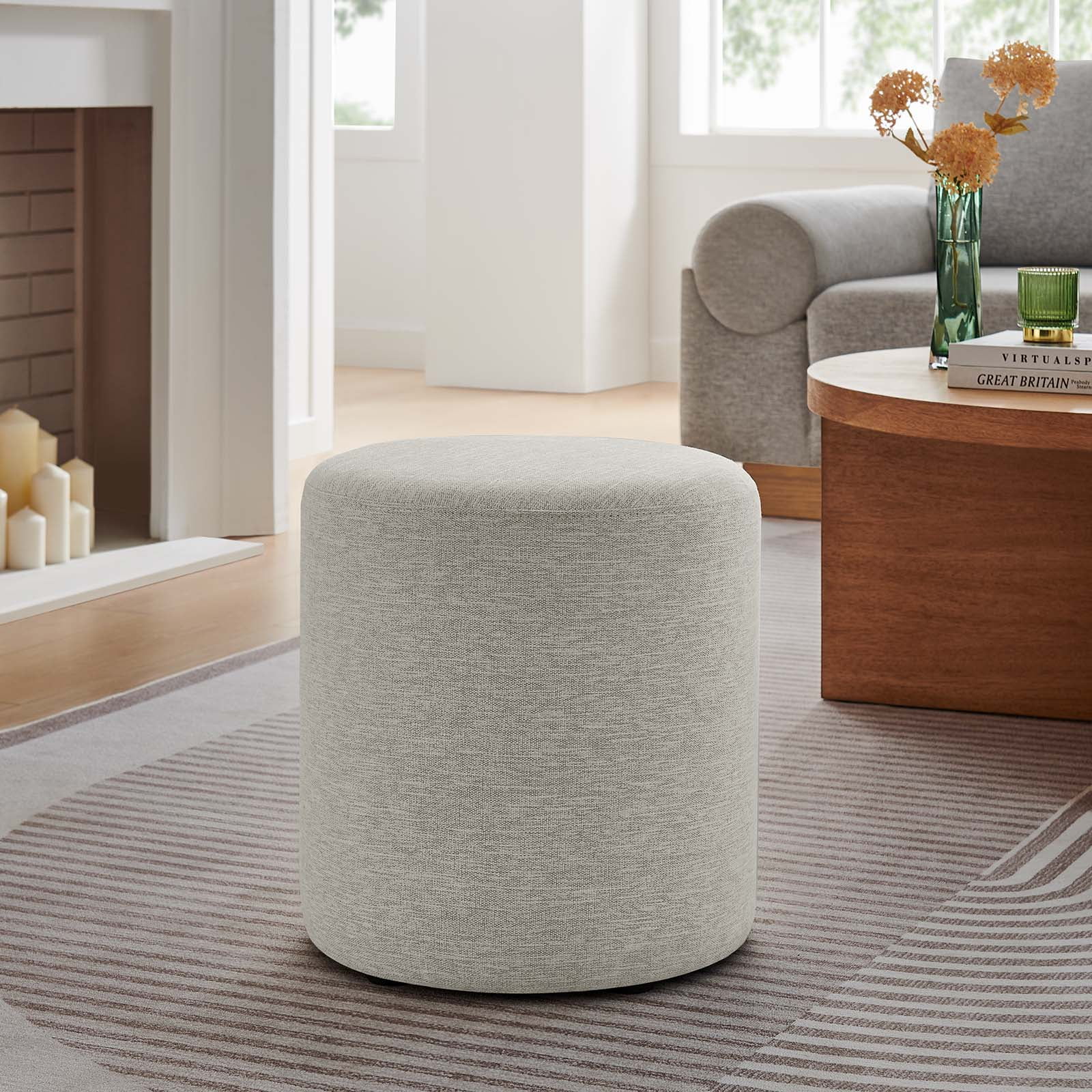 Callum 16" Round Woven Heathered Fabric Ottoman in Heathered Weave Ivory