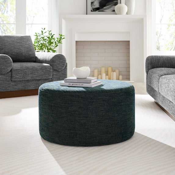 Modway Callum Large 29" Round Woven Heathered Fabric Upholstered Ottoman in Heathered Weave Azure