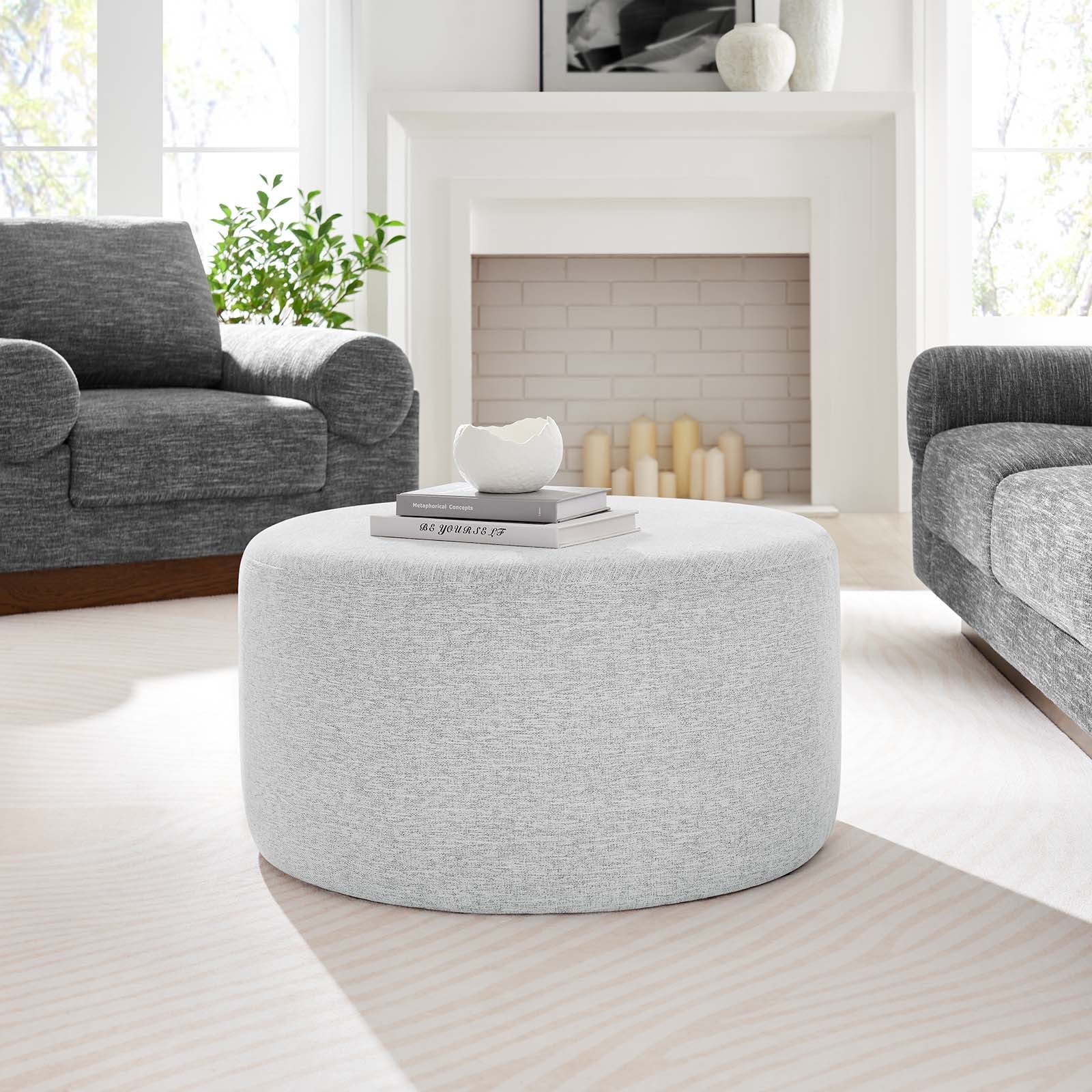 Modway Callum Large 29 Round Woven Heathered Fabric Upholstered Ottoman in Heathered Weave Light Gray