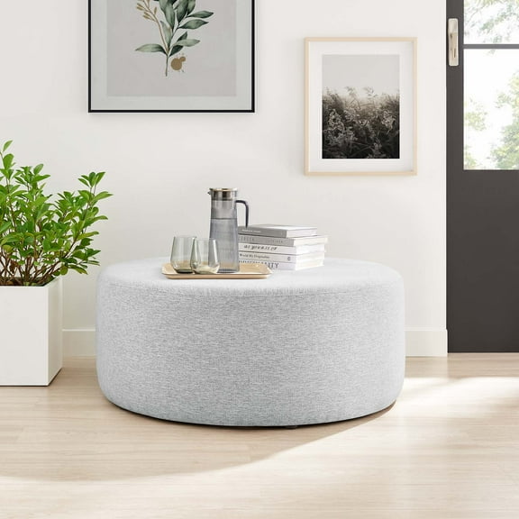 Modway Callum Large 38" Round Woven Heathered Fabric Upholstered Ottoman in Heathered Weave Light Gray