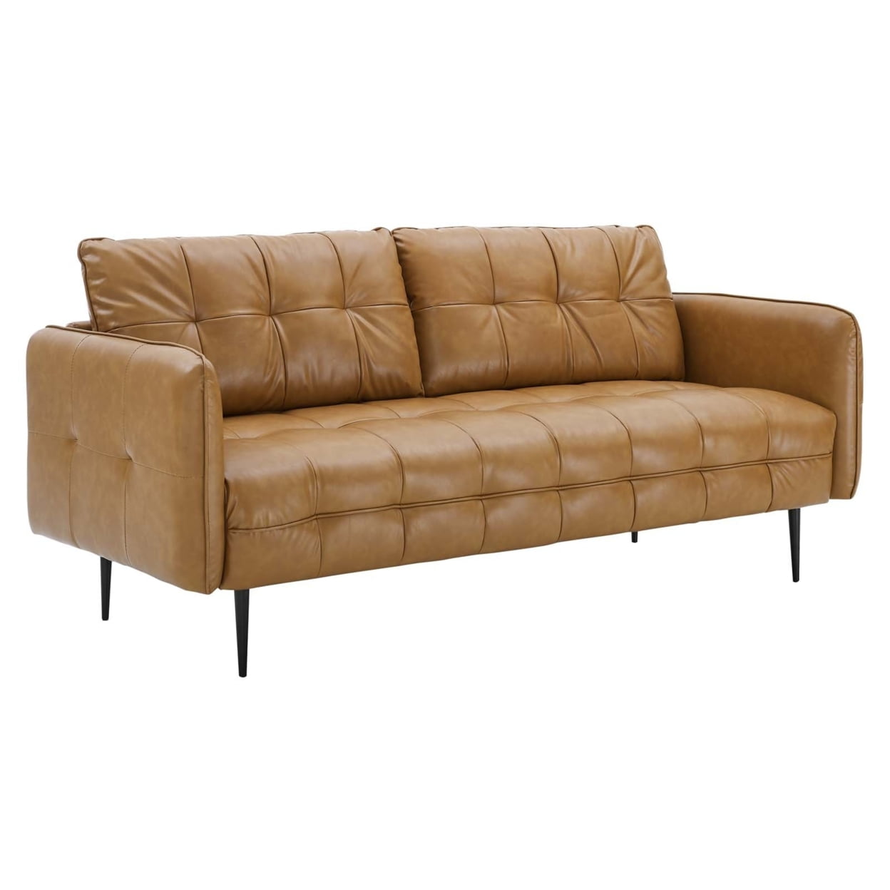 Cameron Tufted Tan Faux Leather Sofa with Solid Wood Legs