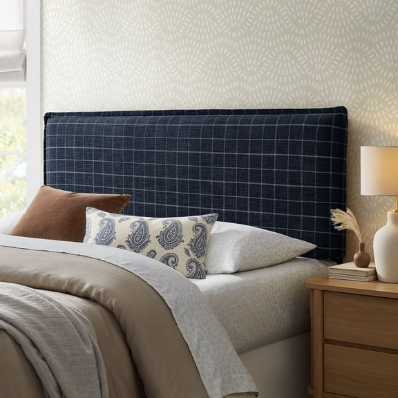 Camille Checkered Linen Blend Queen Size Headboard in Denim Windowpane Check
