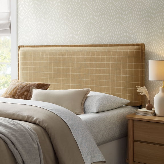 Camille Checkered Linen Blend Queen Size Headboard in Hemp Windowpane Check