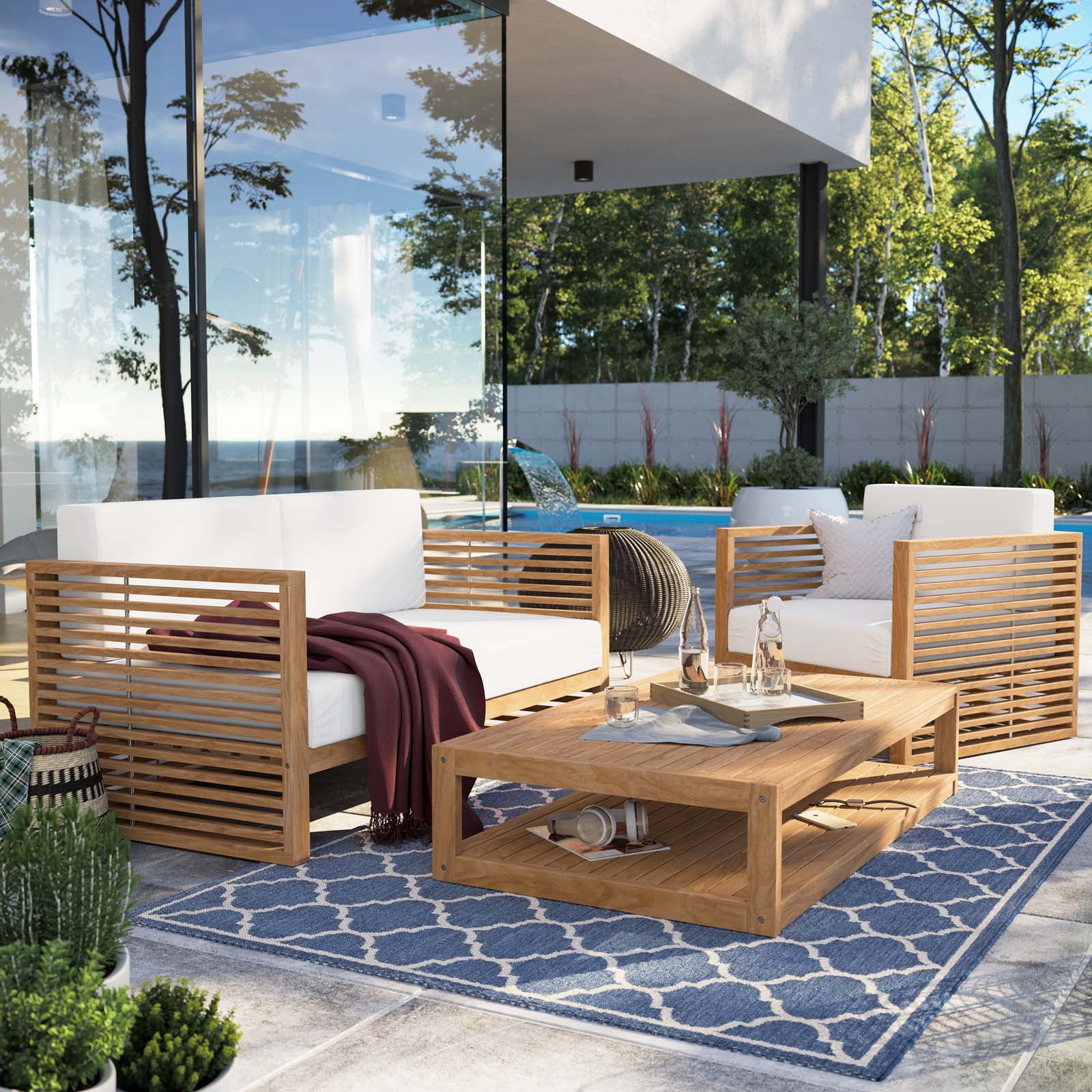 Modway Carlsbad 3-Piece Teak Wood Outdoor Patio Set in Natural