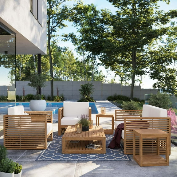 Modway Carlsbad 6-Piece Teak Wood Outdoor Patio Set in Natural White