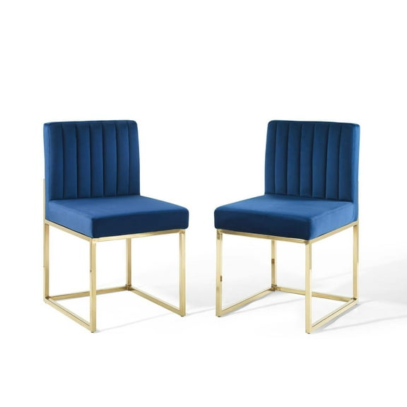 Modway Carriage Dining Chair Performance Velvet Set of 2 in Gold Navy