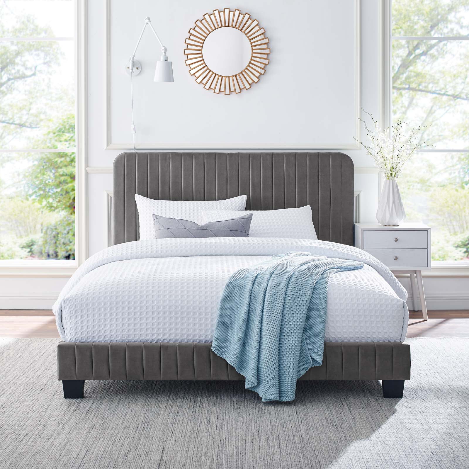 Opulent Gray Velvet Channel-Tufted Full Bed with Wood Frame
