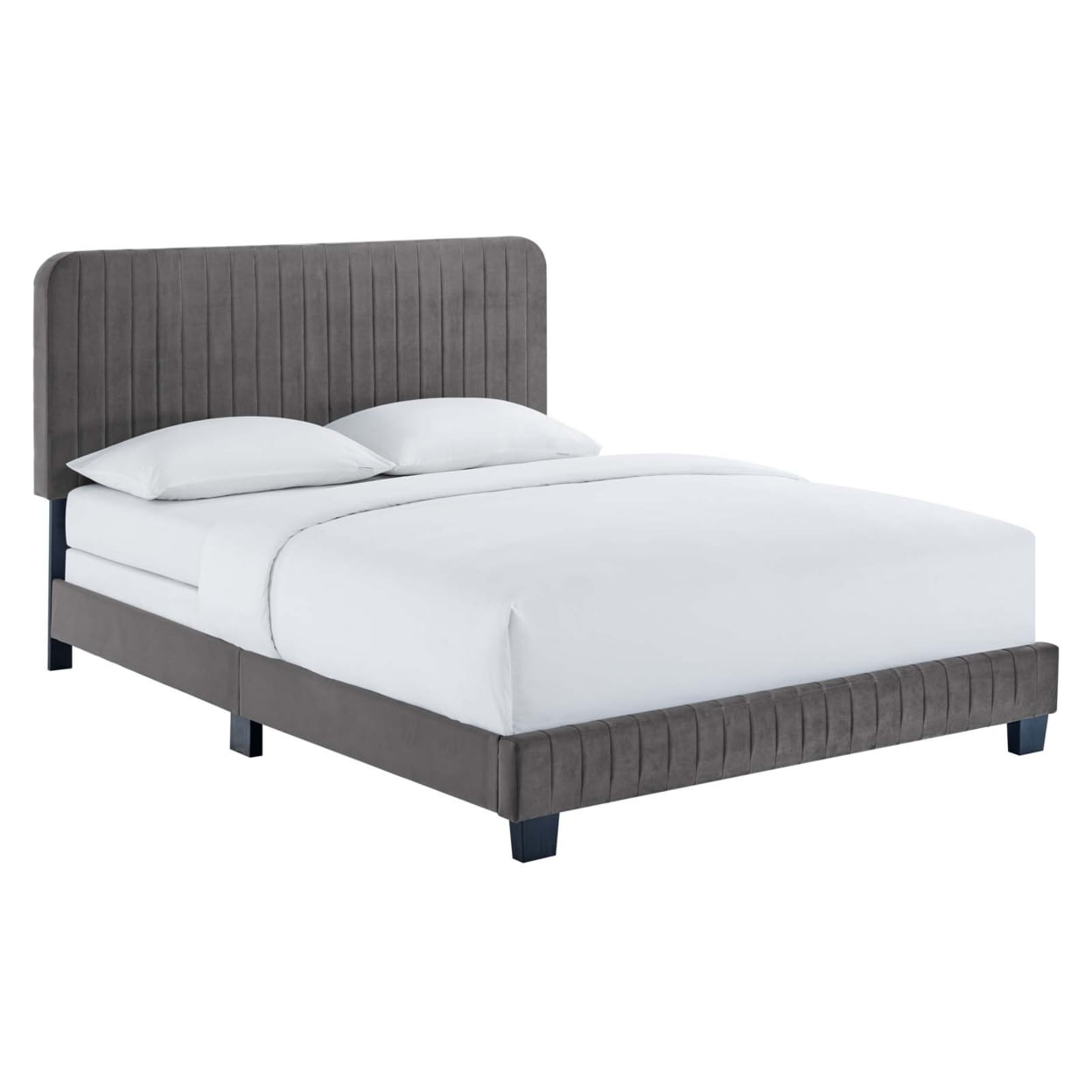 Luxurious Gray Velvet King Bed with Channel Tufted Headboard