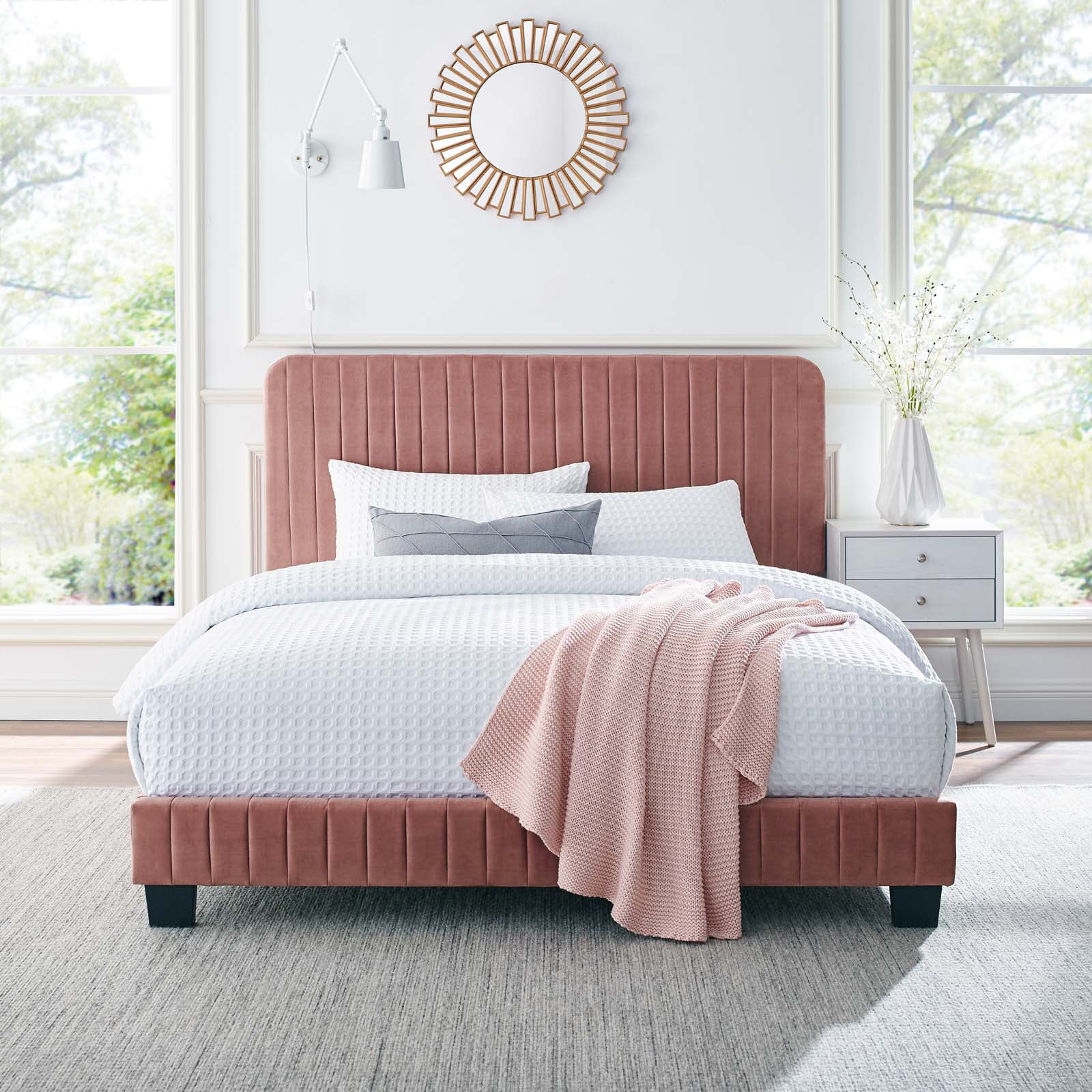 Dusty Rose Velvet Upholstered King Platform Bed with Tufted Headboard