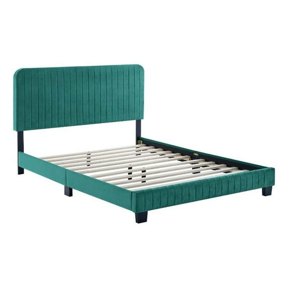 Modway Celine Channel Tufted Performance Velvet Twin Platform Bed in Teal Green