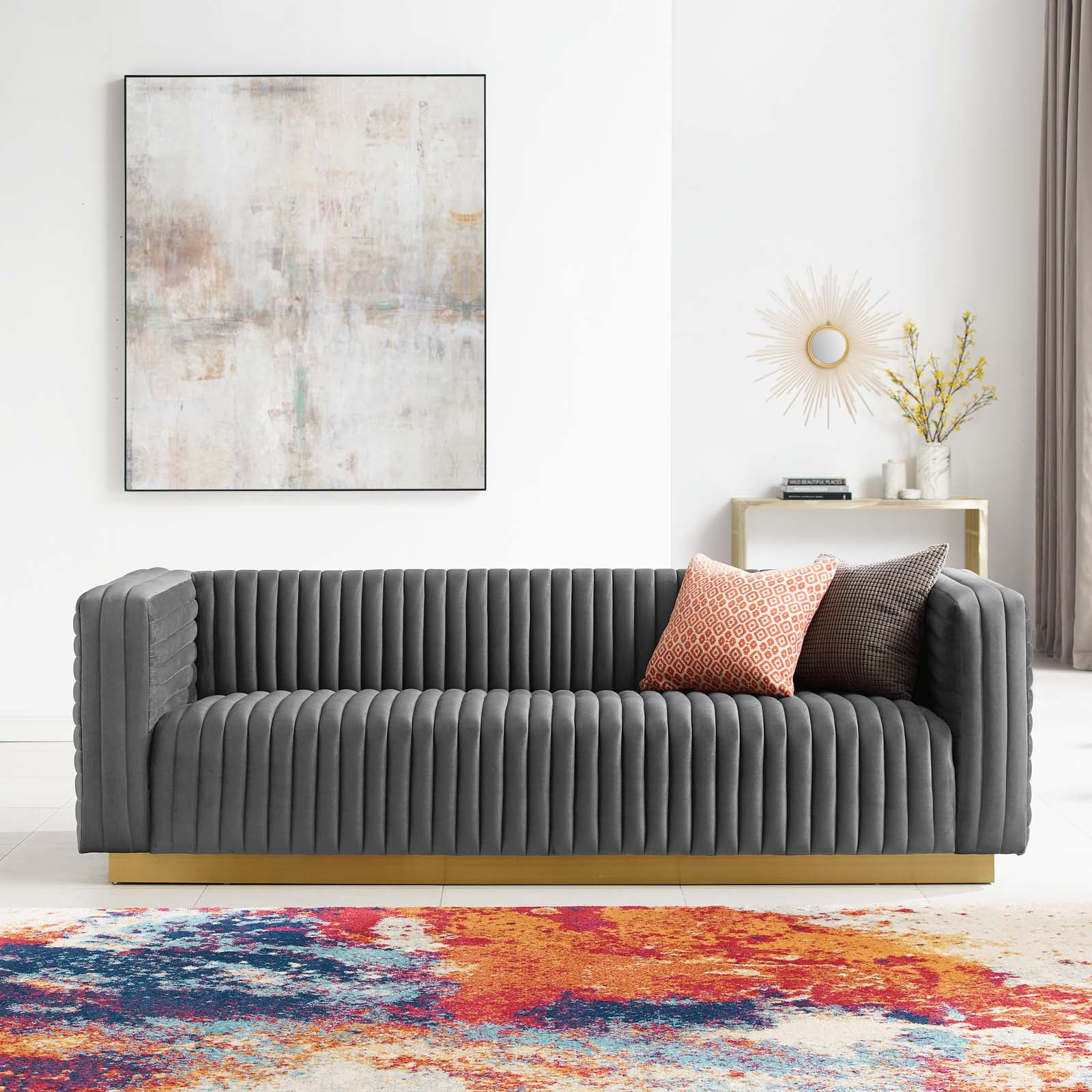 Charcoal Velvet Tufted Sofa with Gold Base
