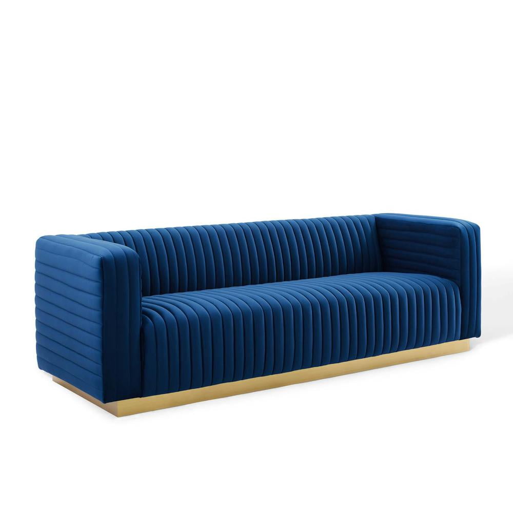 Navy Velvet Tufted Tuxedo Sofa with Gold Stainless Steel Base, 96.5"
