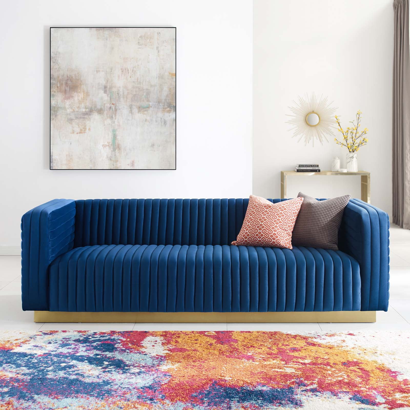 Navy Velvet Tufted Tuxedo Sofa with Gold Stainless Steel Base, 96.5"