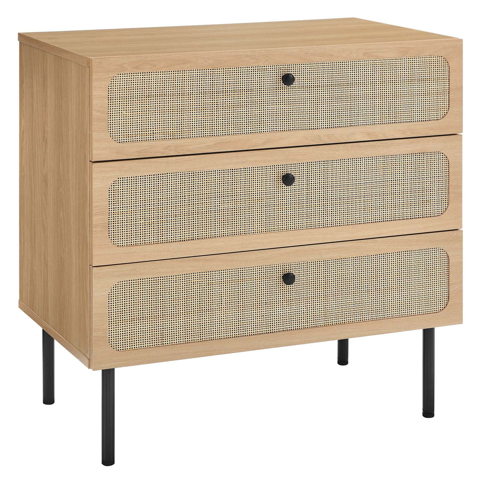 Oak and Black 3-Drawer Chest with Rattan Fronts