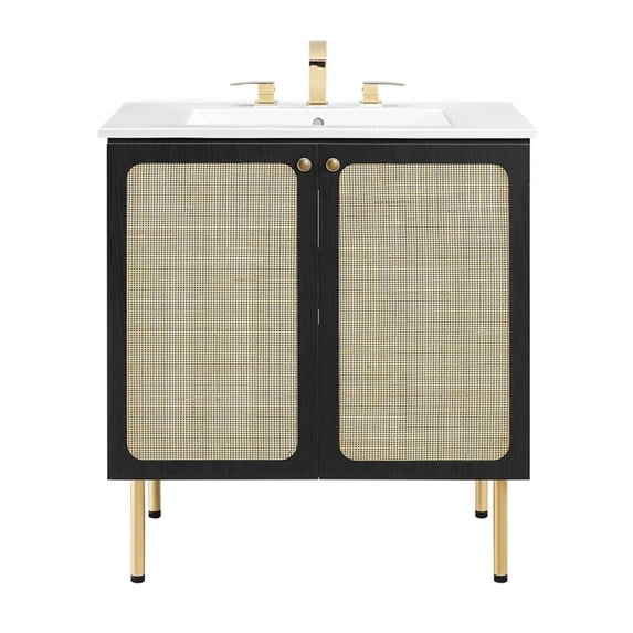 Modway Chaucer 30" Wood & Rattan Bathroom Vanity in Black/White