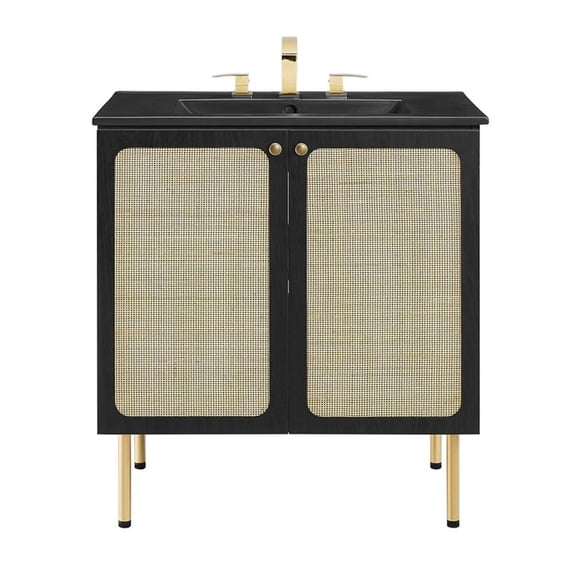 Modway Chaucer 30" Wood & Rattan Bathroom Vanity with Adjustable Shelf in Black
