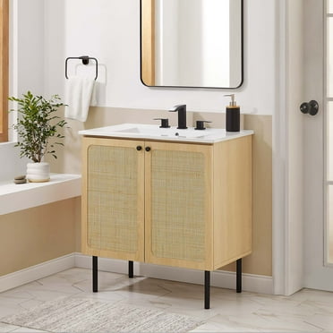 Modway Chaucer 30" Wood & Rattan Bathroom Vanity in Oak/White