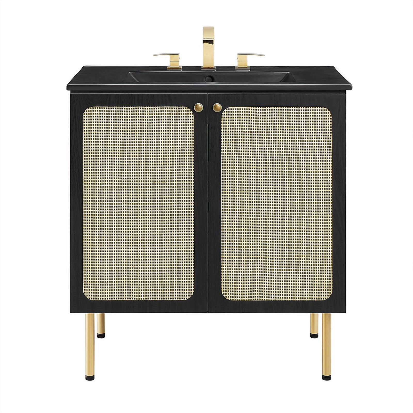 Modway Chaucer 30" Wood & Rattan Bathroom Vanity with Adjustable Shelf in Black - Walmart.com