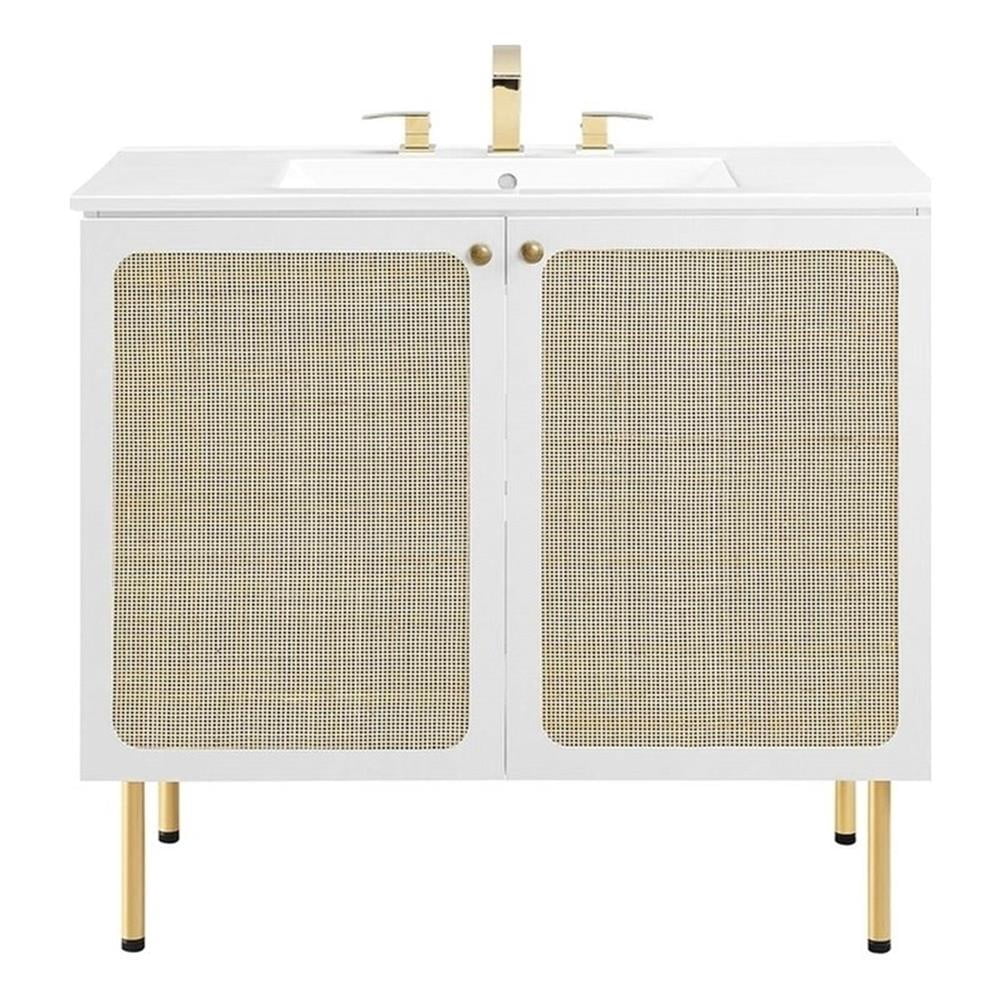 Modway Chaucer 36" Bathroom Vanity In Oak & White - Ceramic Sink, Rattan Doors, Spacious Storage