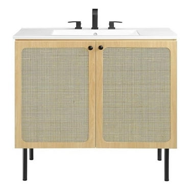Modway Chaucer 36" Wood & Rattan Bathroom Vanity in Oak/White