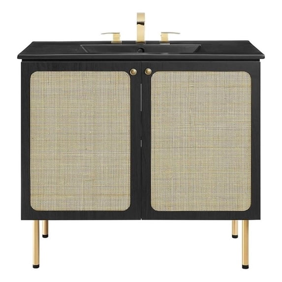 Modway Chaucer 36" Wood & Rattan Bathroom Vanity with Adjustable Shelf in Black