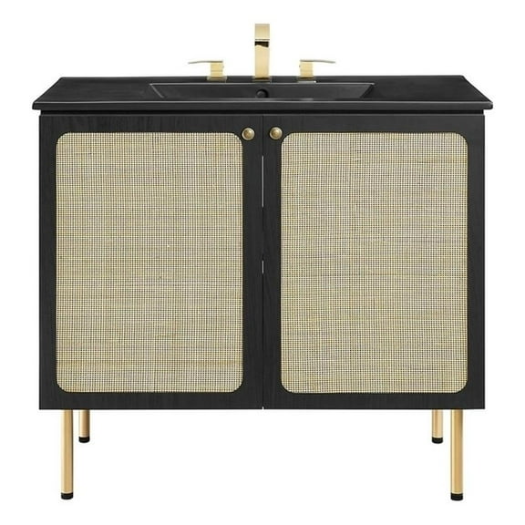 Modway Chaucer 36" Wood & Rattan Bathroom Vanity with Adjustable Shelf in Black