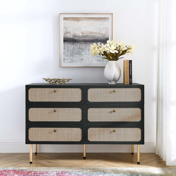 Modway Chaucer 6-Drawer Particleboard and Rattan Compact Dresser in Black