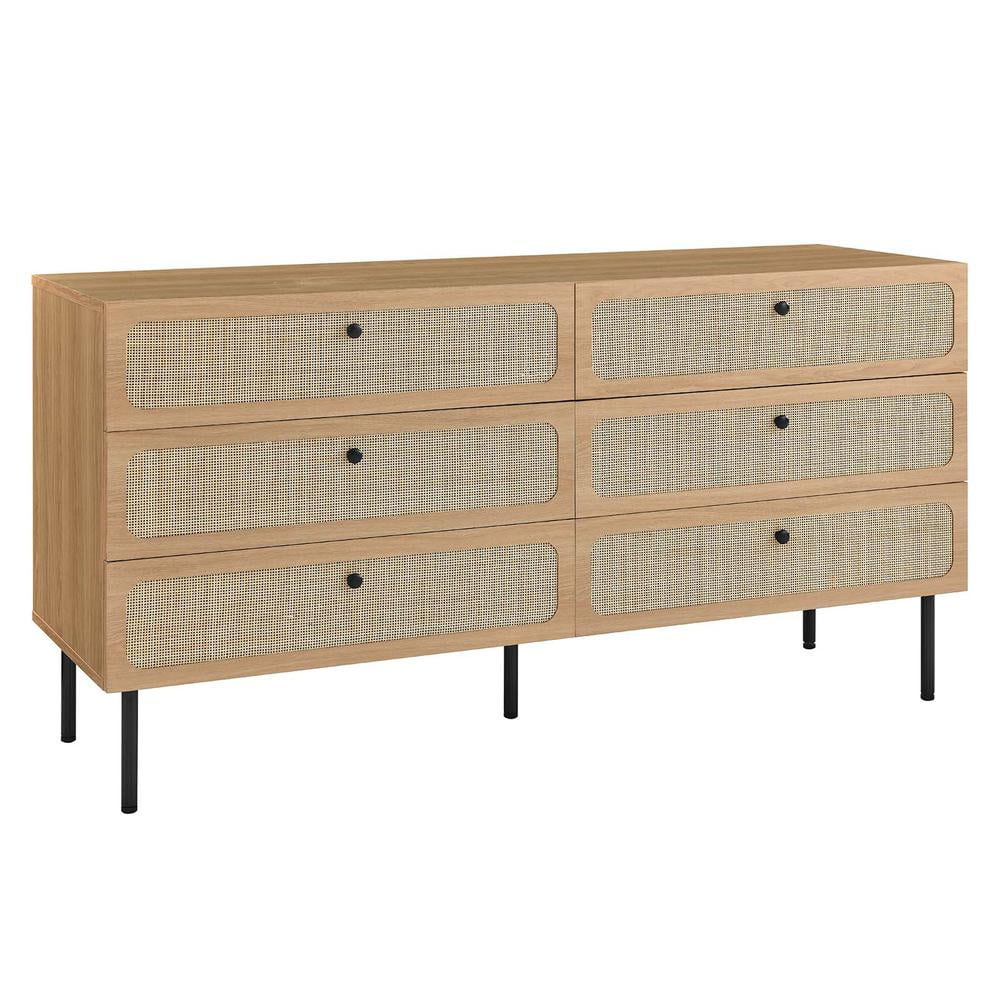 Oak and Rattan 6-Drawer Dresser with Adjustable Feet