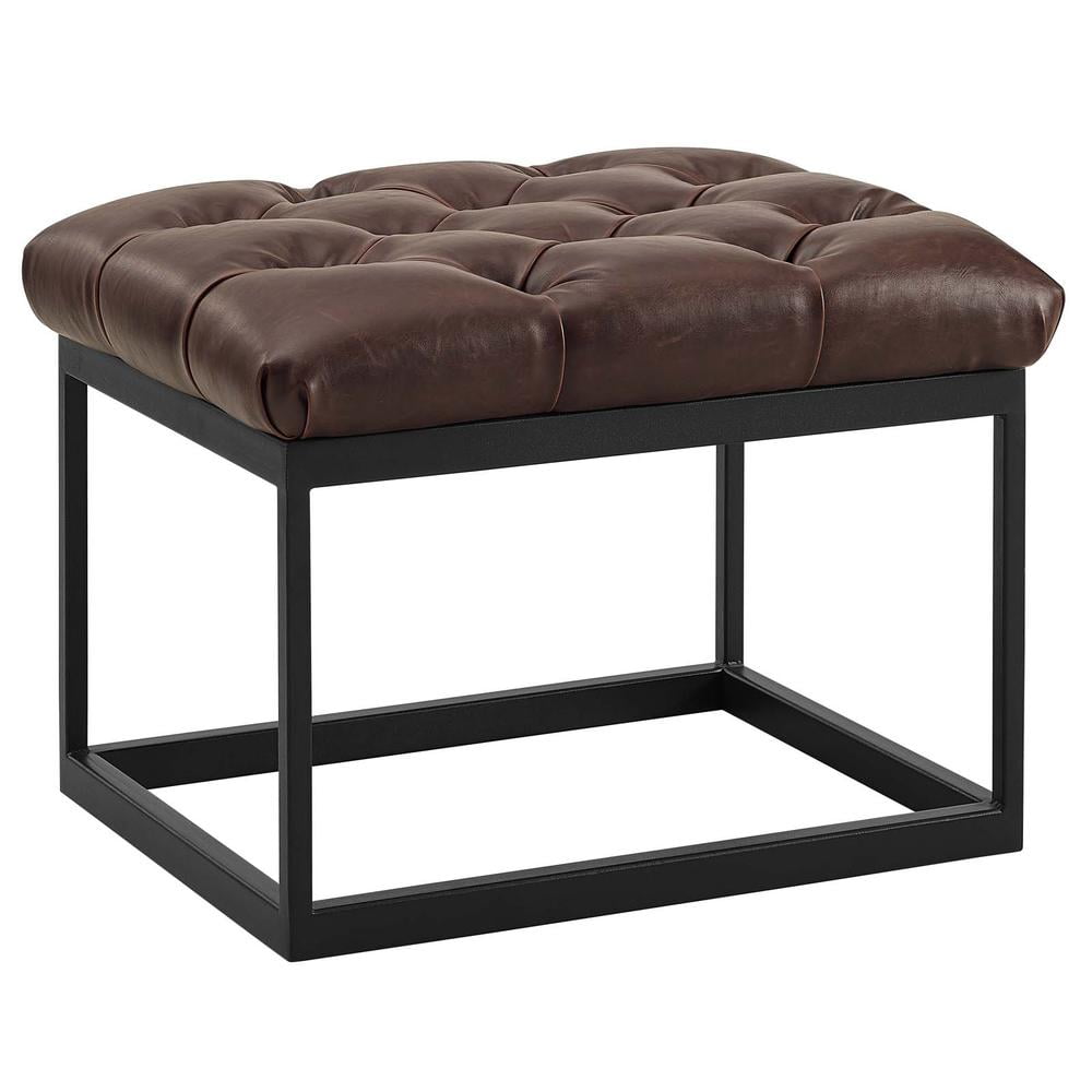Brown Tufted Faux Leather Ottoman with Black Iron Base