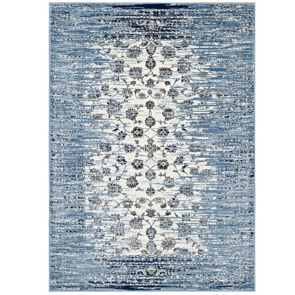 Modway Chiara Distressed Floral Lattice Contemporary 5x8 Area Rug in Moroccan Blue and Ivory