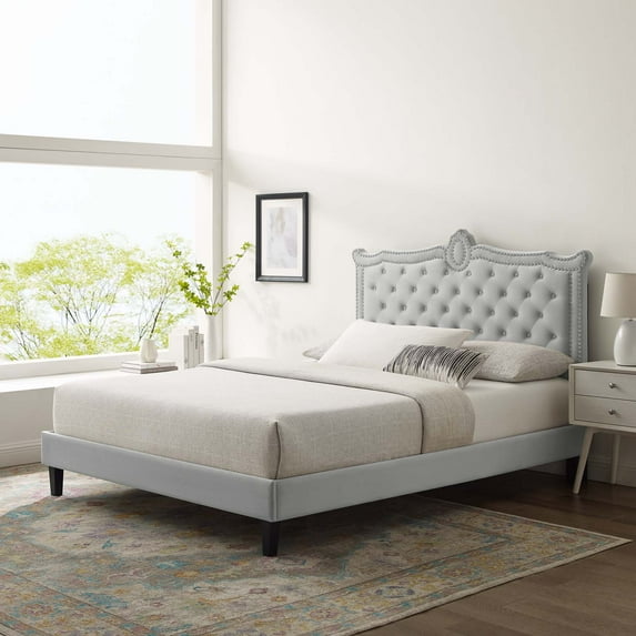 Modway Clara Performance Velvet Queen Platform Bed in Light Gray