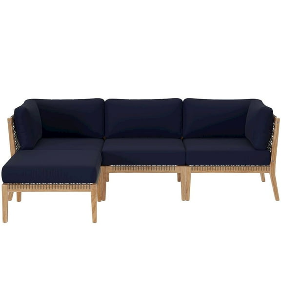 Modway Clearwater Outdoor Patio Teak Wood 4-Piece Sectional Sofa in Gray Navy