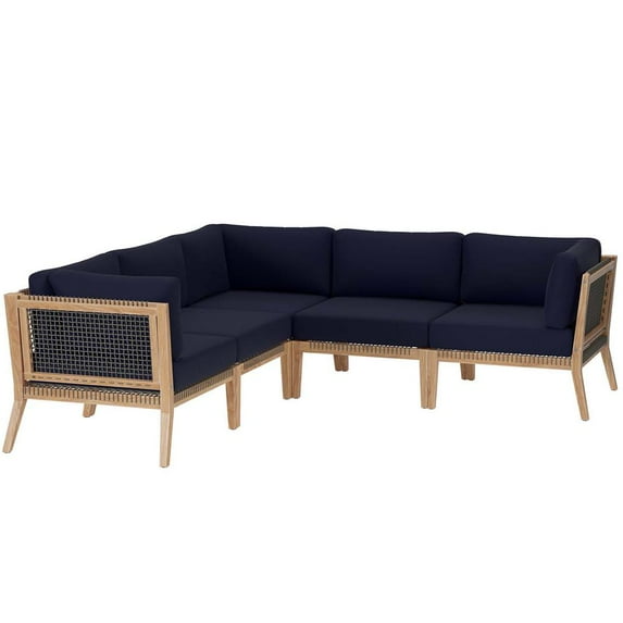 Modway Clearwater Outdoor Patio Teak Wood 5-Piece Sectional Sofa in Gray Navy