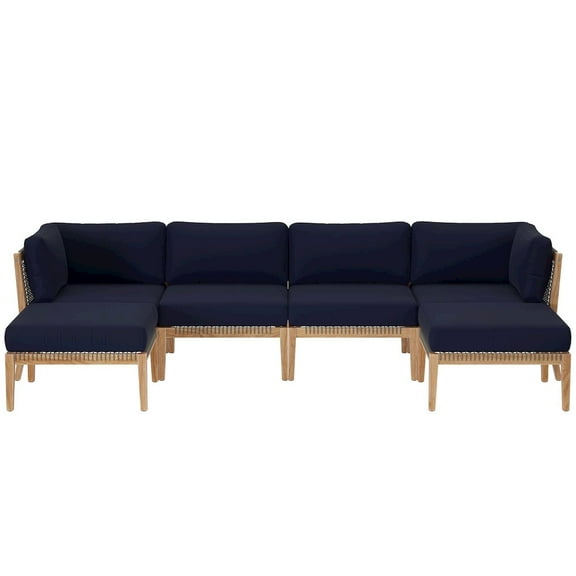 Modway Clearwater Outdoor Patio Teak Wood 6-Piece Sectional Sofa in Gray Navy