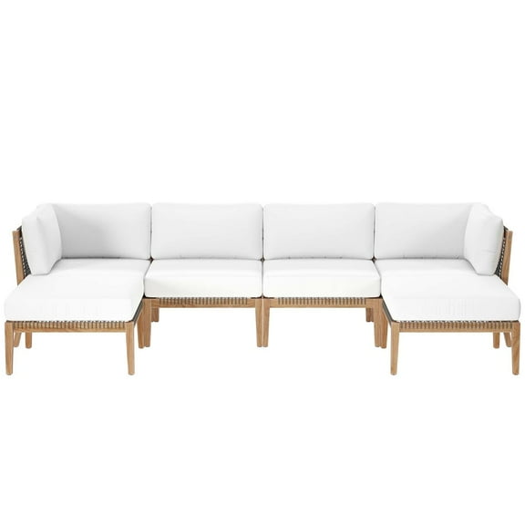 Modway Clearwater Outdoor Patio Teak Wood 6-Piece Sectional Sofa in Gray White