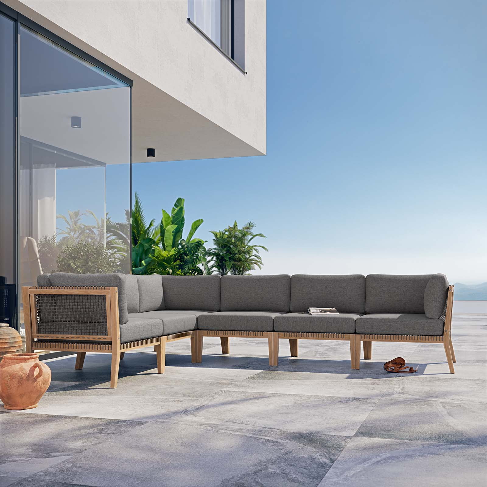 Clearwater 6-Piece Gray Teak Wood Outdoor Sectional Sofa