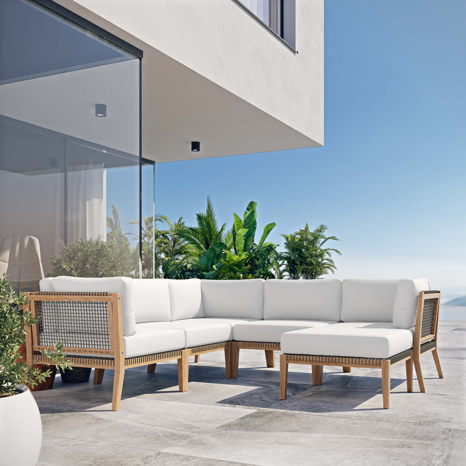 Modway Clearwater 6-Piece Wood Fabric Outdoor Sectional Sofa in White ...
