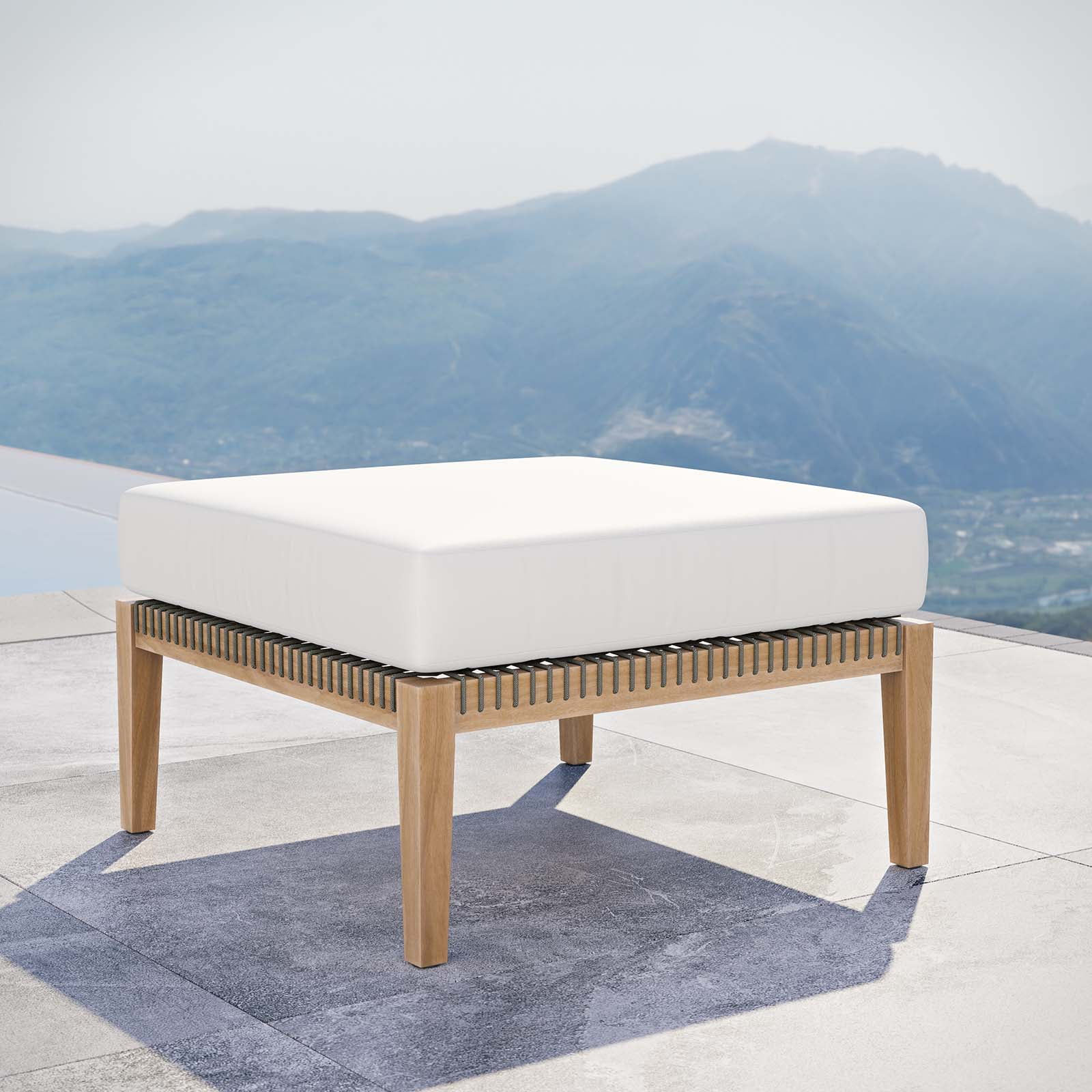 Clearwater Grade A Teak Wood Outdoor Ottoman with Gray White Cushion