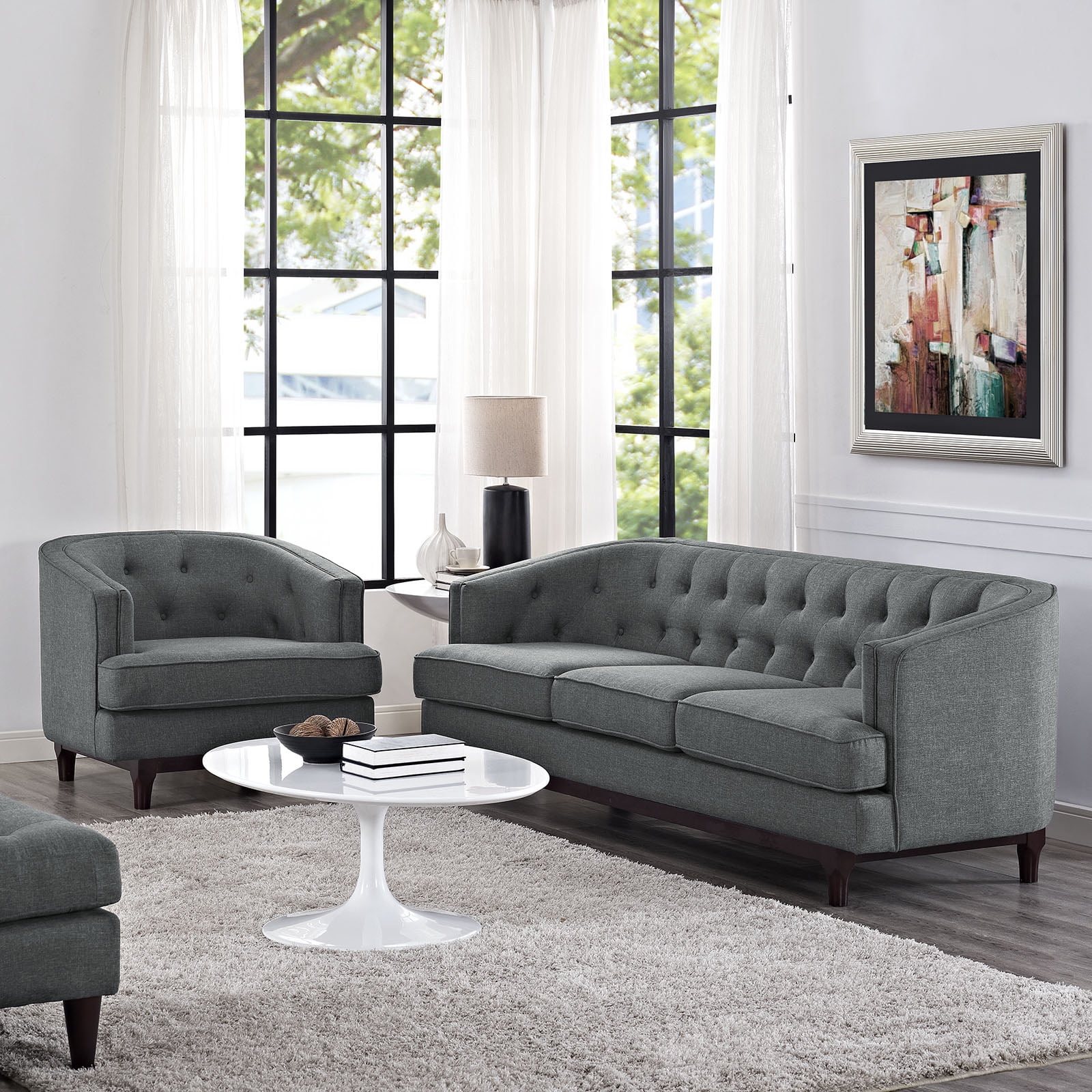 Gray Velvet Button-Tufted Sofa and Chair Set with Walnut Legs
