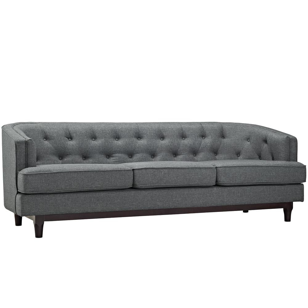 Gray Tufted Fabric Sofa with Walnut Wood Base