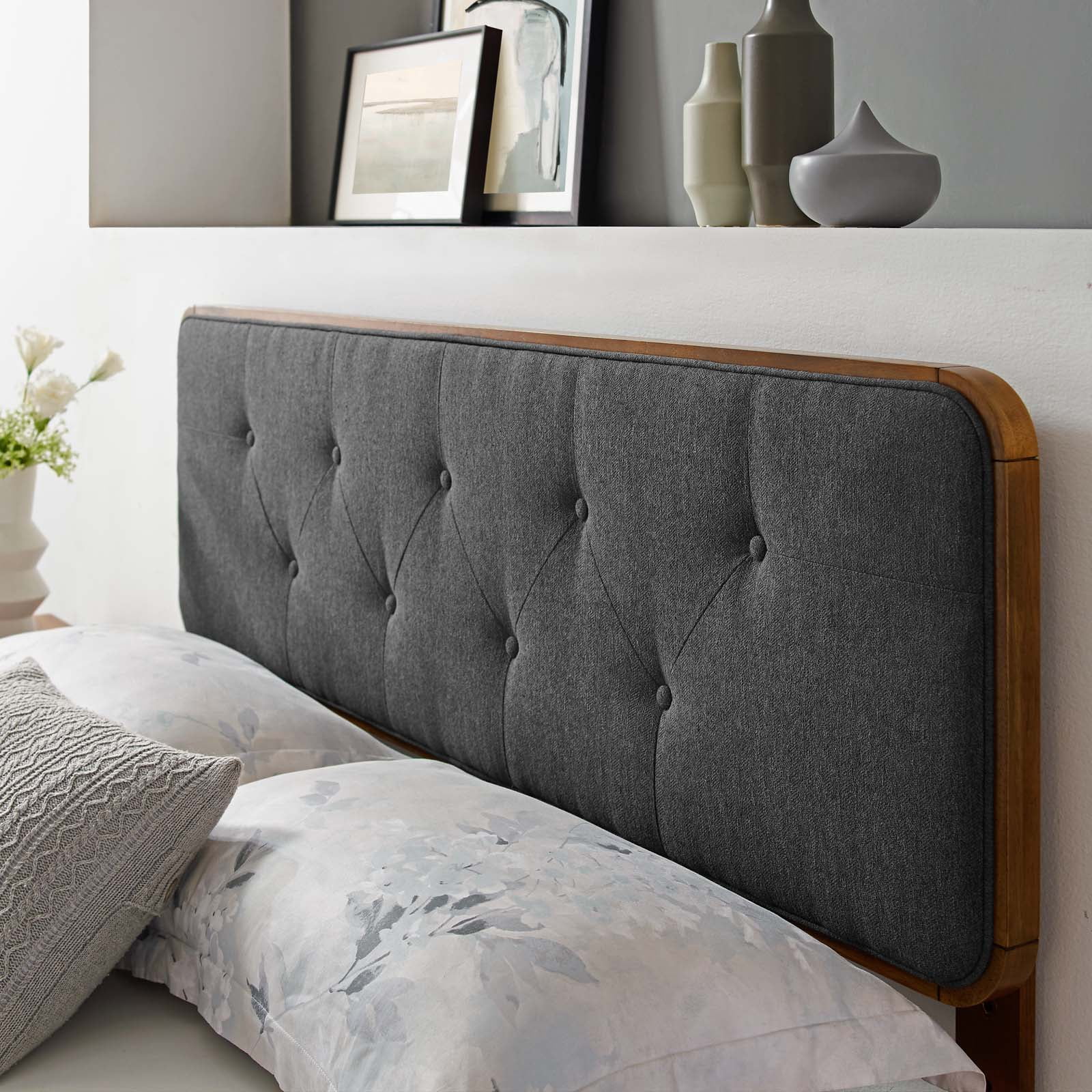Modway Collins Tufted King Fabric and Wood Headboard in Walnut/Charcoal