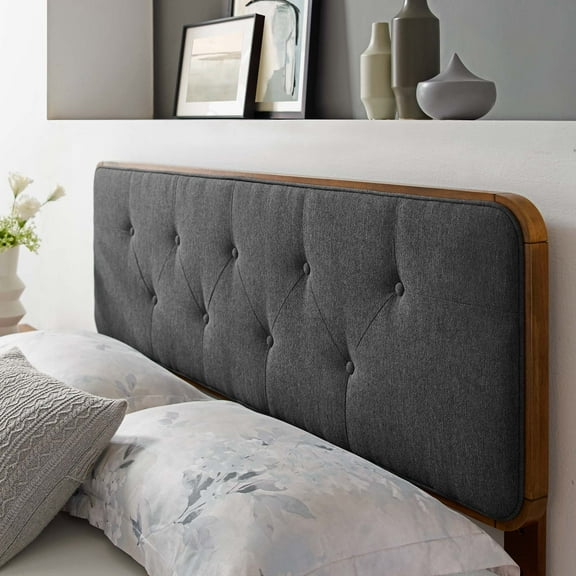 Modway Collins Tufted King Fabric and Wood Headboard in Walnut Charcoal