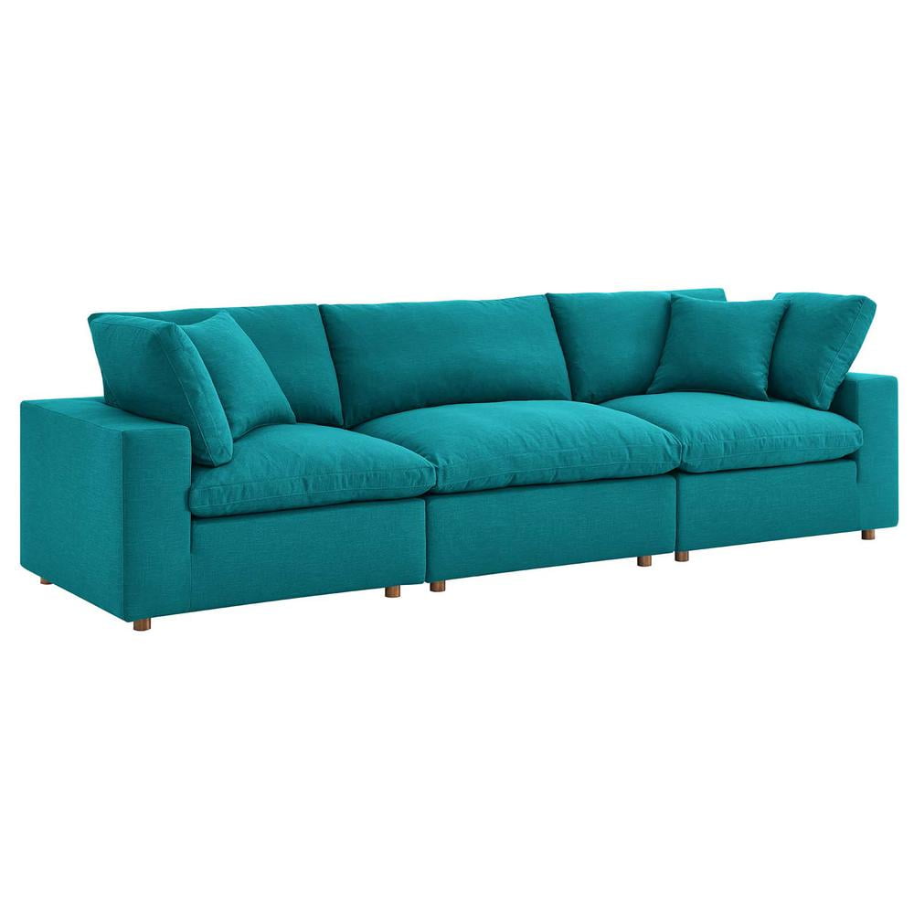 Teal Linen 3-Piece Sectional Sofa with Down Fill