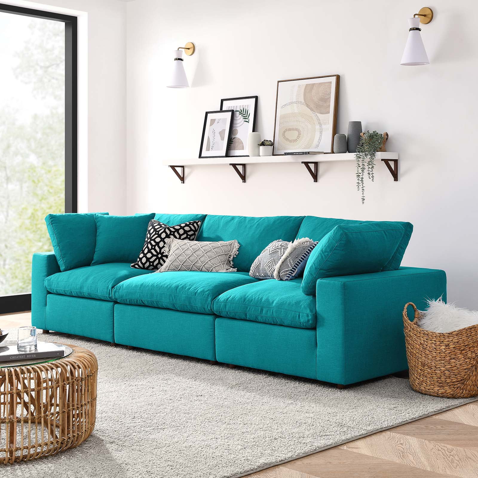 Teal Linen 3-Piece Sectional Sofa with Down Fill