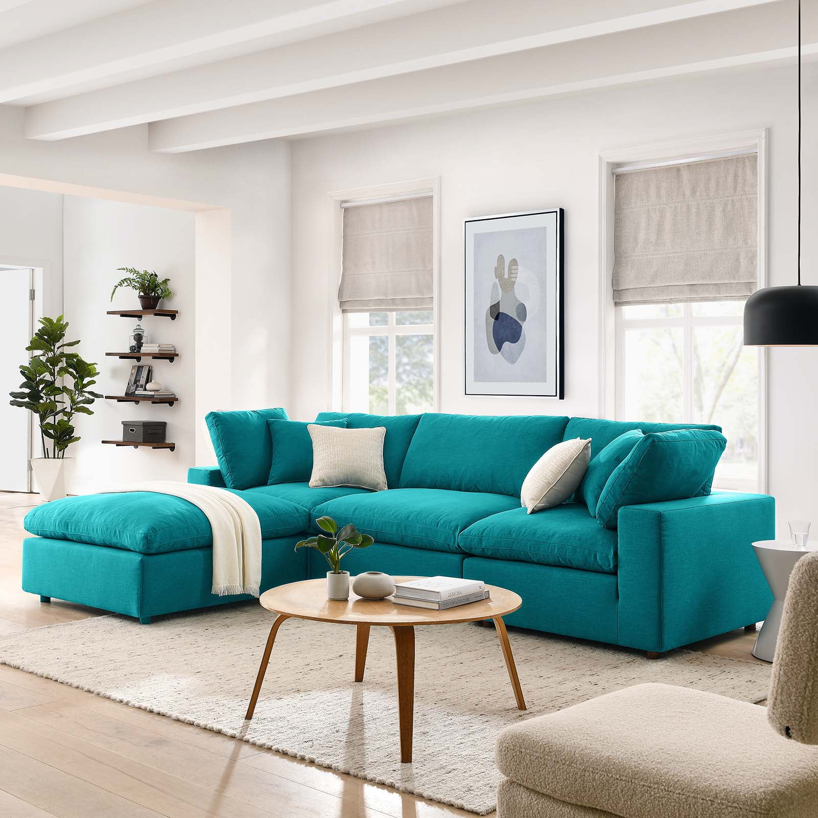 Teal Linen 4-Piece Sectional Sofa with Ottoman