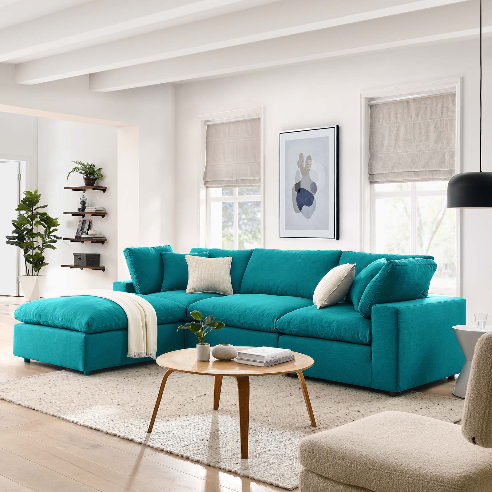 Modway Commix 4-Piece Fabric Down Filled Sectional Sofa Set in Teal - image 1 of 10